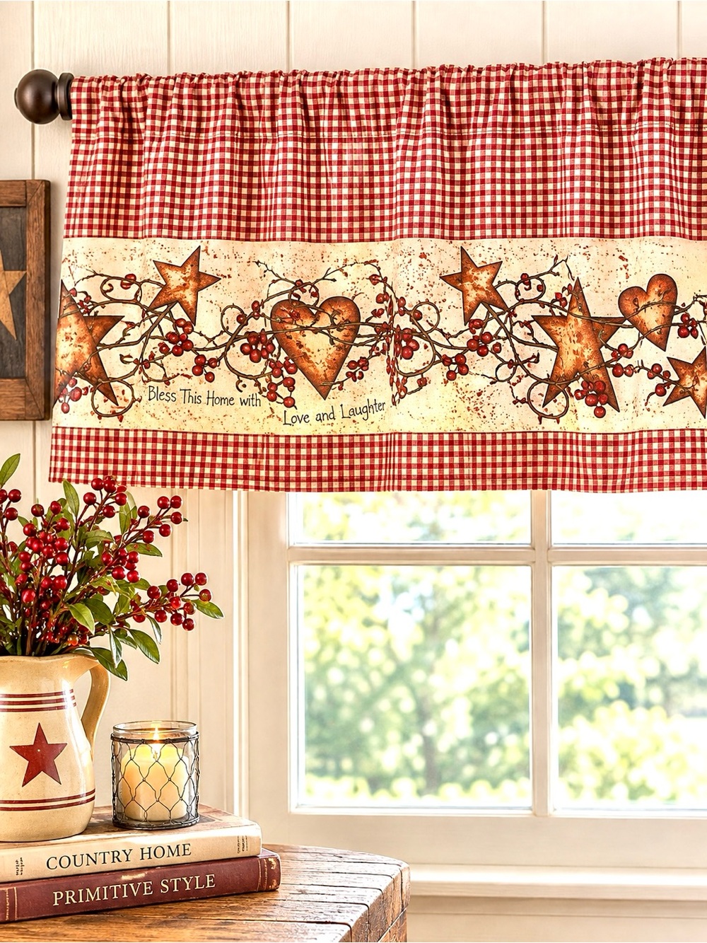VTG Country Valance Cottagecore Rustic Red Gingham Primitive Hearts Star 72 x 14